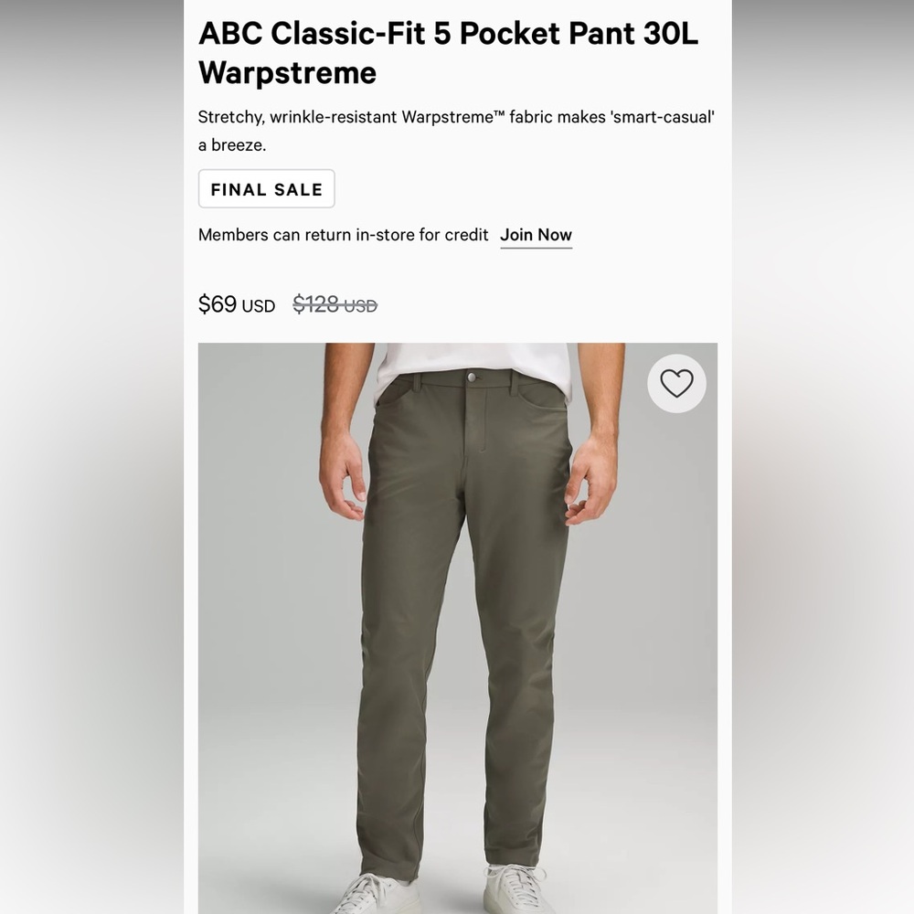 lululemon athletica ABC Classic-Fit 5 Pocket Pant 30L / 38 waist 
Warpstreme